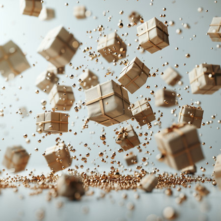 Flying gift boxes with golden confetti on grey background. 3d renderingの素材