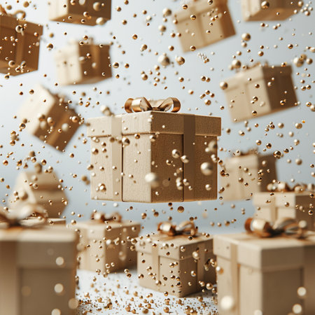 Gift boxes falling in the air. 3D illustration. 3D rendering.の素材