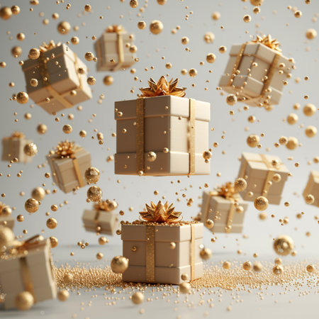 Flying gift boxes with golden confetti on white background. 3D renderingの素材