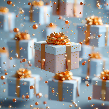 3d render of a group of gift boxes with golden bows flying in the airの素材
