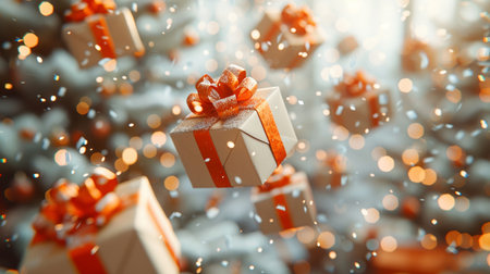 Christmas gift boxes on bokeh background. 3d rendering.の素材