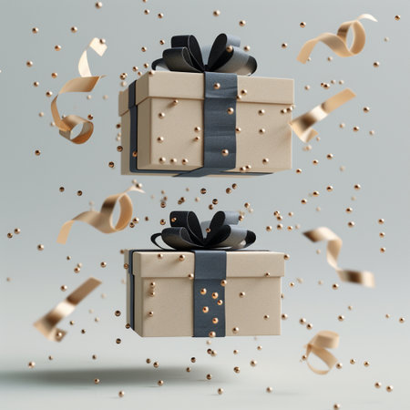 3d render of gift boxes with ribbons and confetti fallingの素材