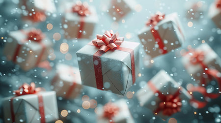 Christmas background with gift boxes and snowflakes. 3d renderingの素材