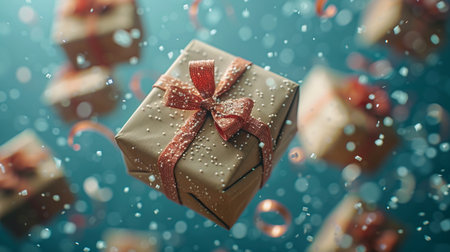 Gift box with water drops and bokeh on blue backgroundの素材