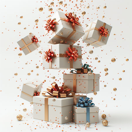 Gift boxes flying on white background with confetti. 3D rendering.の素材