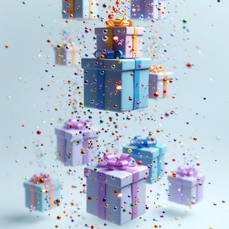 Flying gift boxes and confetti on blue background. 3D renderingの素材