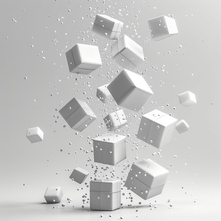 3d rendering of white cubes falling in the air on a white backgroundの素材