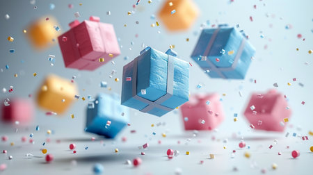 3d illustration of flying cubes with colorful confetti on white backgroundの素材