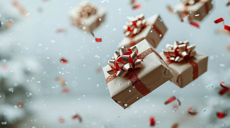 Gift boxes with ribbons flying in the air. 3d renderingの素材