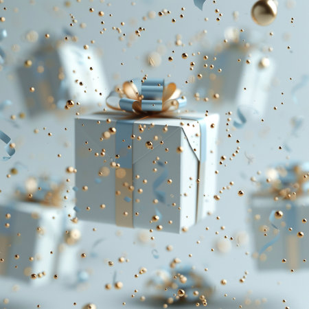 Gift boxes with golden ribbons and confetti. 3D renderingの素材