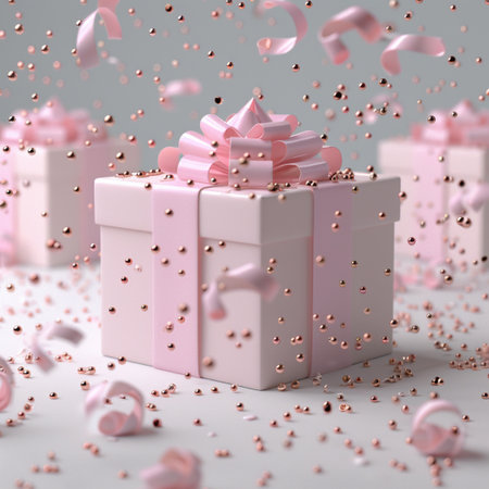 Gift boxes with pink ribbons and confetti. 3D renderingの素材