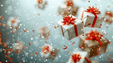 Gift boxes with ribbons and confetti flying in the air. 3D renderingの素材
