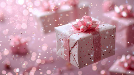 Gift boxes on pink background with bokeh effect. 3d renderingの素材