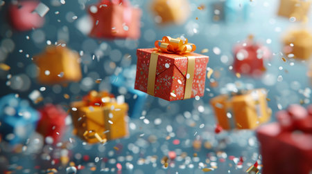 Flying gift box with confetti on blue background. 3d renderingの素材