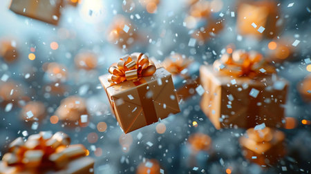 Gift boxes with golden bow on bokeh background. 3D renderingの素材