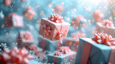 Gift boxes with ribbons and bows on blue background 3D renderingの素材
