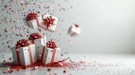 Flying white gift boxes with red ribbons and confetti. 3D Renderingの素材