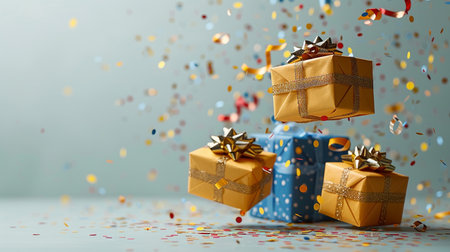 Gift boxes and confetti on light background. 3d renderingの素材