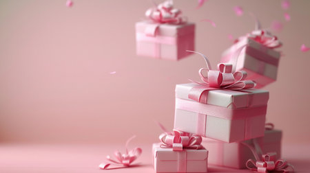 Pink gift boxes with ribbons on pink background. 3d renderingの素材