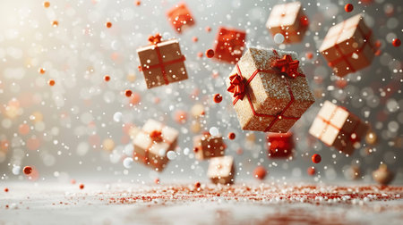 Christmas background with gift boxes and falling snowflakes. 3D renderingの素材