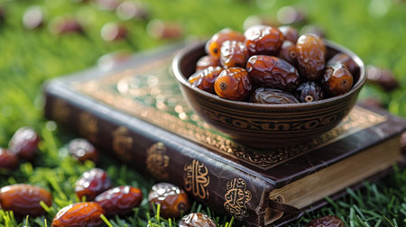 Dates fruit in a bowl on the green grass and old bookの素材