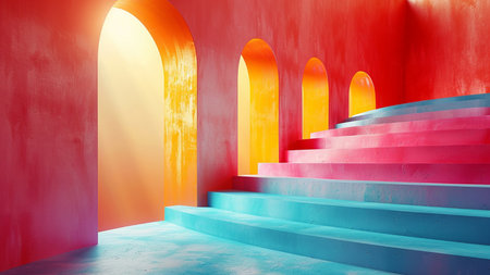 3D rendering of blue and pink stairs in an empty room.の素材