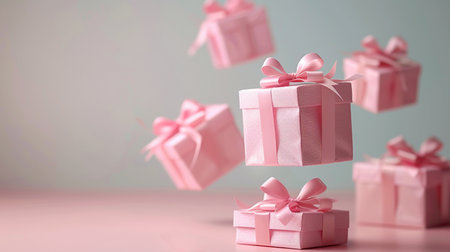Pink gift boxes with ribbons flying on pastel pink background.の素材