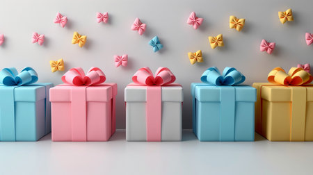 3d render of colorful gift boxes with bows on white background.の素材