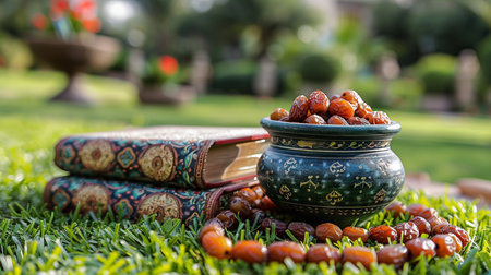 Bowl with dates and books on green grass in the garden.の素材
