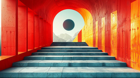 Conceptual image with stairs leading to the sun. 3d renderingの素材