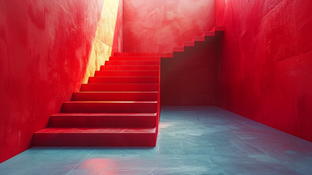 Red stairs leading up to a bright red wall. 3d renderingの素材