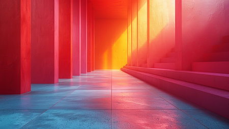 Futuristic corridor with red and blue light. 3d renderingの素材