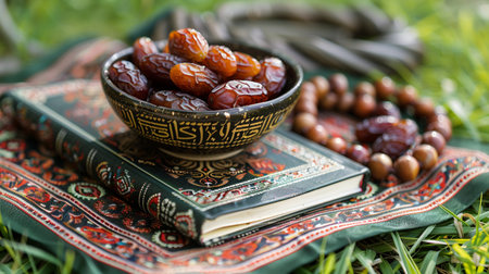 Dates fruit in a bowl on the green grass with a bookの素材