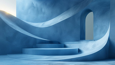Abstract blue background with stairs and arch, 3d rendering. Computer digital drawing.の素材