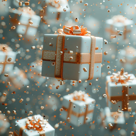Flying gift boxes with ribbons and confetti. 3D renderingの素材