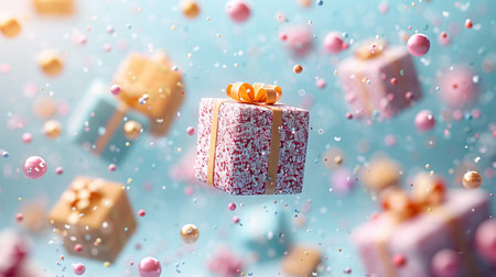 Gift box flying in the air. 3D illustration. 3D rendering.の素材