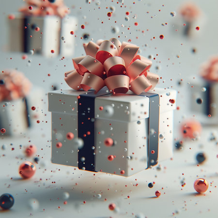 3d illustration of gift box with red ribbon and bokehの素材