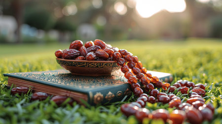 Ramadan Kareem concept. Islamic rosary and dates on green grassの素材