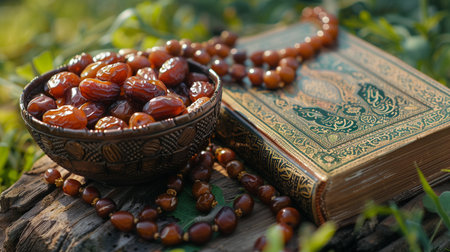 Ramadan Kareem background with rosary beads and dates.の素材