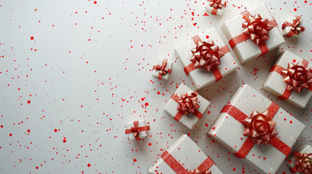 Gift boxes with red ribbons and confetti on white backgroundの素材