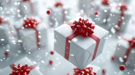 White gift boxes with red bows on white background. 3D renderingの素材