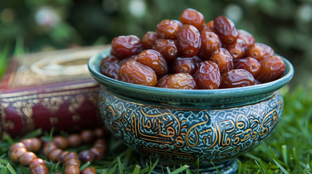 Dates fruits in a bowl on green grass with rosaryの素材