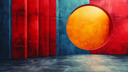 3d rendering of empty room with red and blue wall and circleの素材