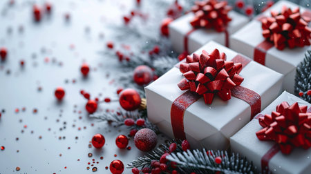 Christmas and New Year background. White gift boxes with red bows and fir branches on a gray background.の素材