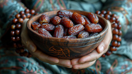 Bowl of dates in the hands of a Muslim woman. Selective focus.の素材