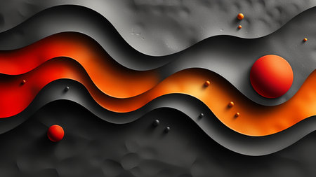3d render, abstract wavy background with orange and black elementsの素材