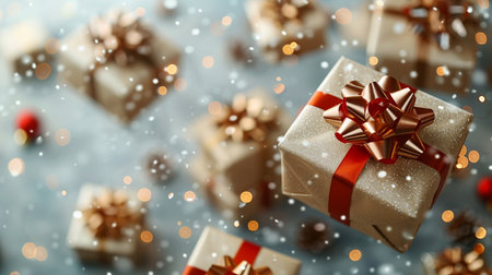 Christmas and New Year background with gift boxes and bokeh effect.の素材