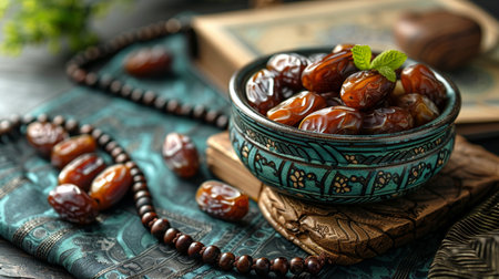 Tasty dates in bowl on table, closeup. Ramadan foodの素材