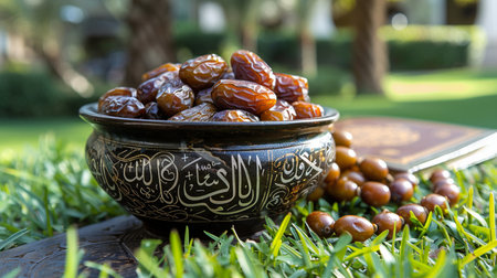 Dates fruit in a bowl on the green grass in the gardenの素材
