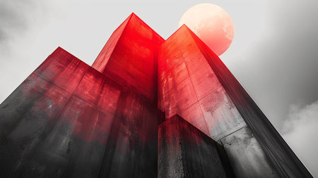 Modern city building with red light and moon in sky. Mixed mediaの素材